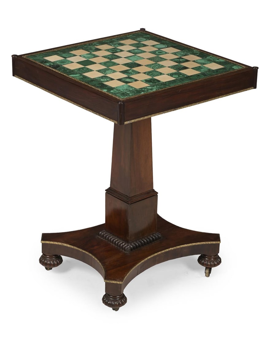 Y A GEORGE IV ROSEWOOD AND GILT METAL MOUNTED GAMES TABLE, IN THE MANNER OF GILLOWS, CIRCA 1825 (1 of 4)