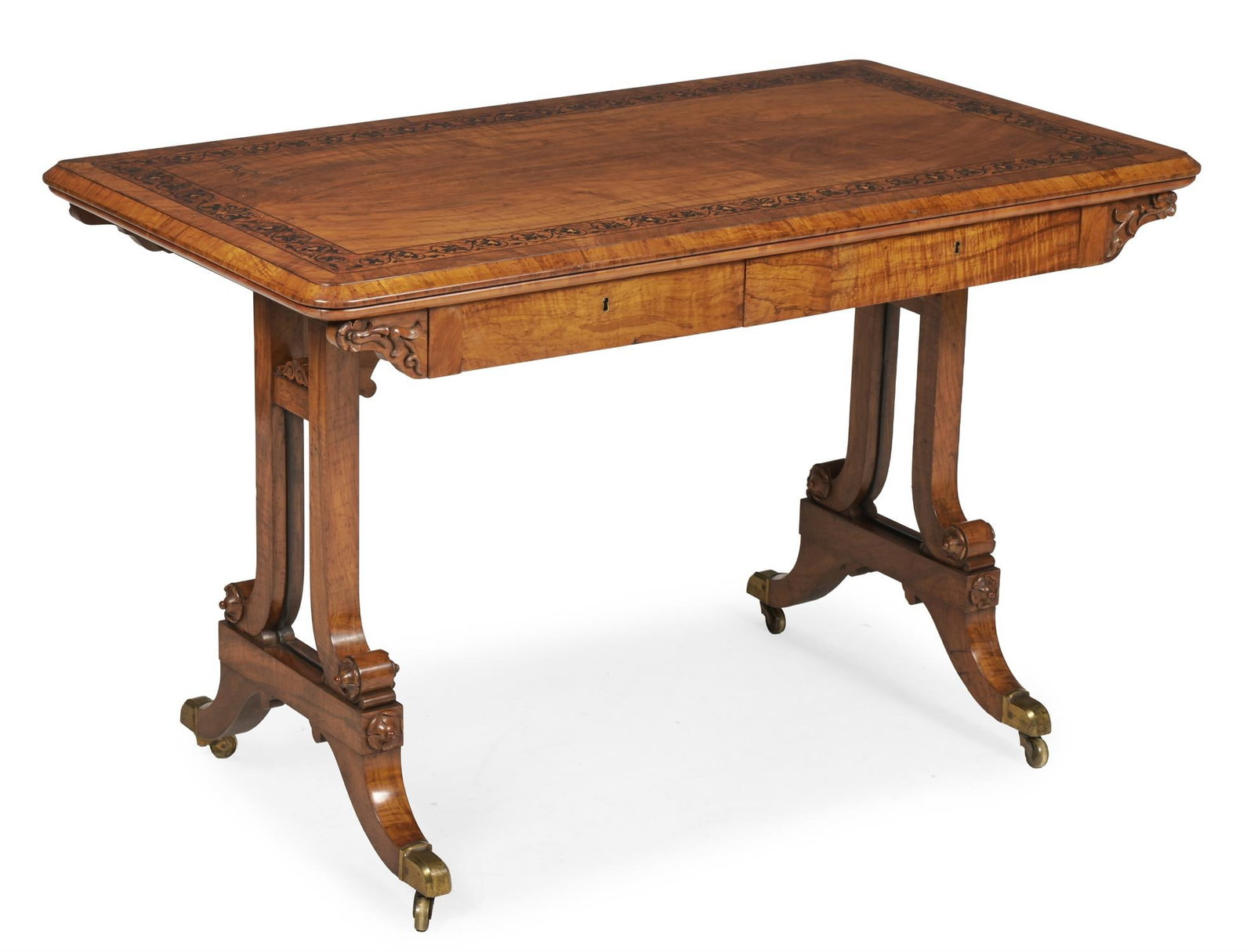 Y A REGENCY FIGURED MAPLE, THUY A AND EBONY LIBRARY TABLE, IN THE MANNER OF GEORGE BULLOCK, CIRCA (1 of 5)