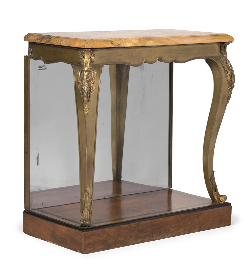 Y A FRENCH POLLARD OAK, GILT BRASS AND EBONY CONSOLE OR SIDE TABLE, SECOND QUARTER 19TH CENTURY: Y A FRENCH POLLARD OAK, GILT BRASS AND EBONY CONSOLE OR SIDE TABLEIN LOUIS XVI STYLE, SECOND QUARTER 19TH CENTURYWith a Sienna marble top and mirrored back90.5cm high, 91.5cm wide, 44cm deepProvenance