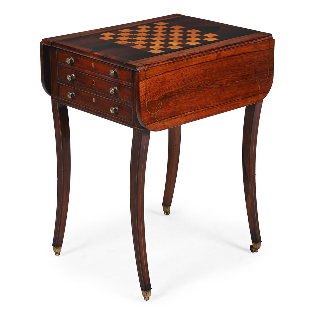 Y A REGENCY ROSEWOOD AND BRASS INLAID PEMBROKE GAMES AND WRITING TABLE, CIRCA 1815 (1 of 4)
