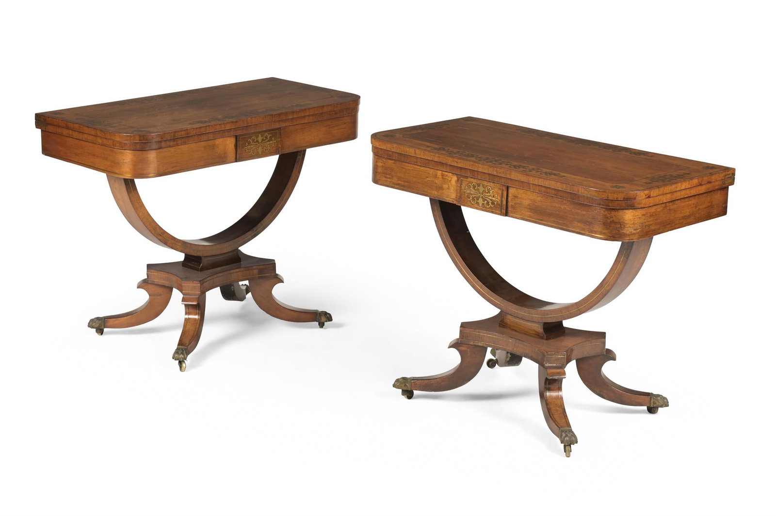 Y A PAIR OF REGENCY ROSEWOOD AND BRASS MARQUETRY CARD TABLES, CIRCA 1815 (1 of 4)