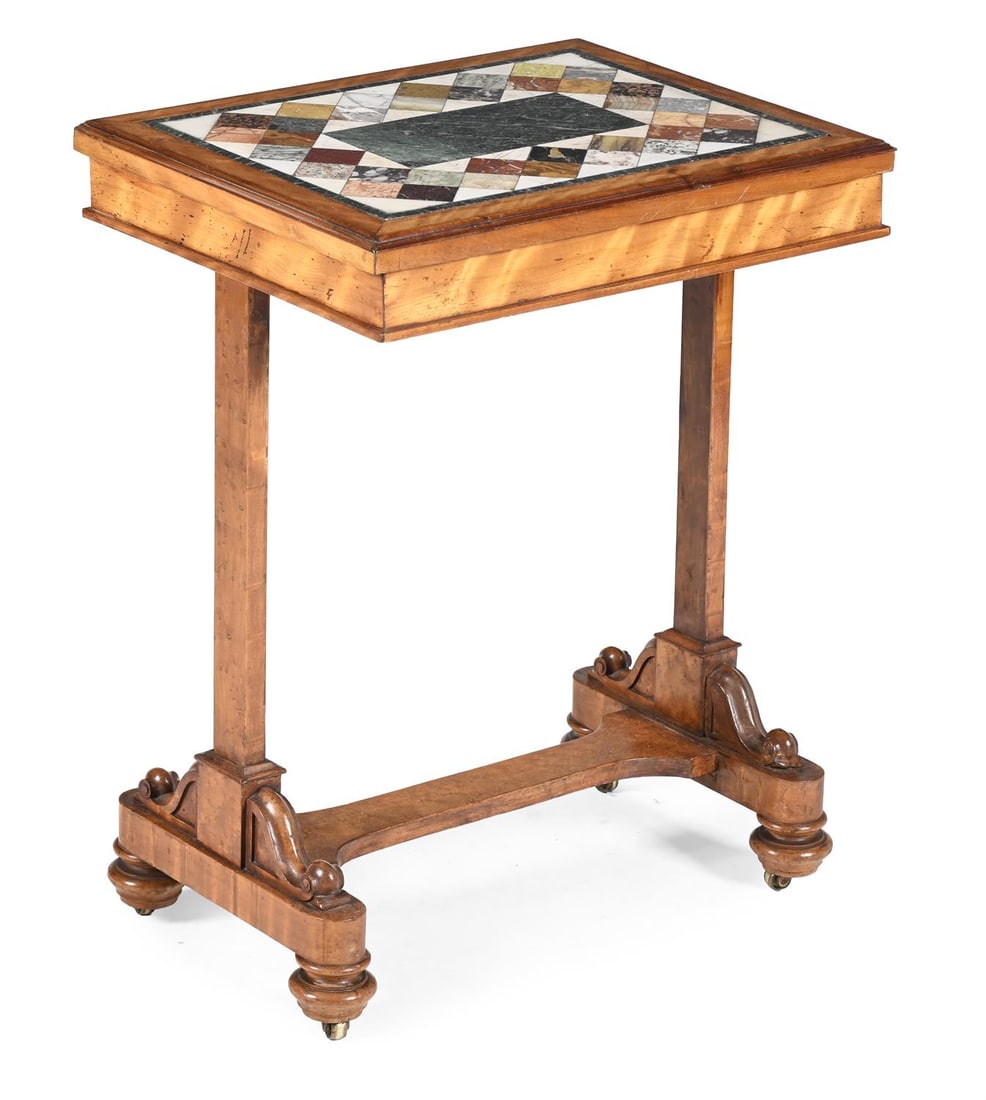 A GEORGE IV SATINWOOD, BIRD'S EYE MAPLE AND SPECIMEN MARBLE INALID OCCASIONAL TABLE, CIRCA 1830 (1 of 3)