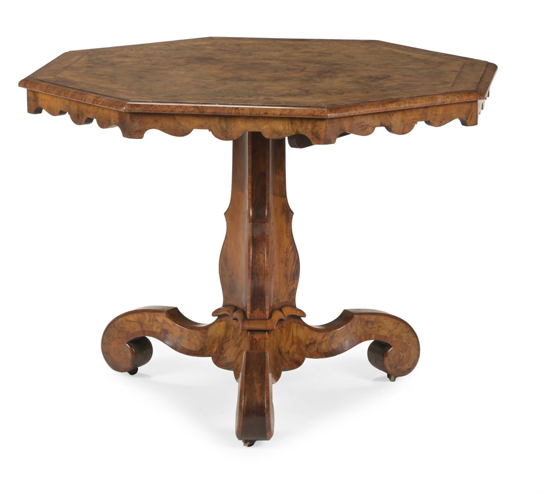Y A VICTORIAN FIGURED WALNUT AND TULIPWOOD FEATHERBANDED CENTRE TABLE, CIRCA 1840 (1 of 3)