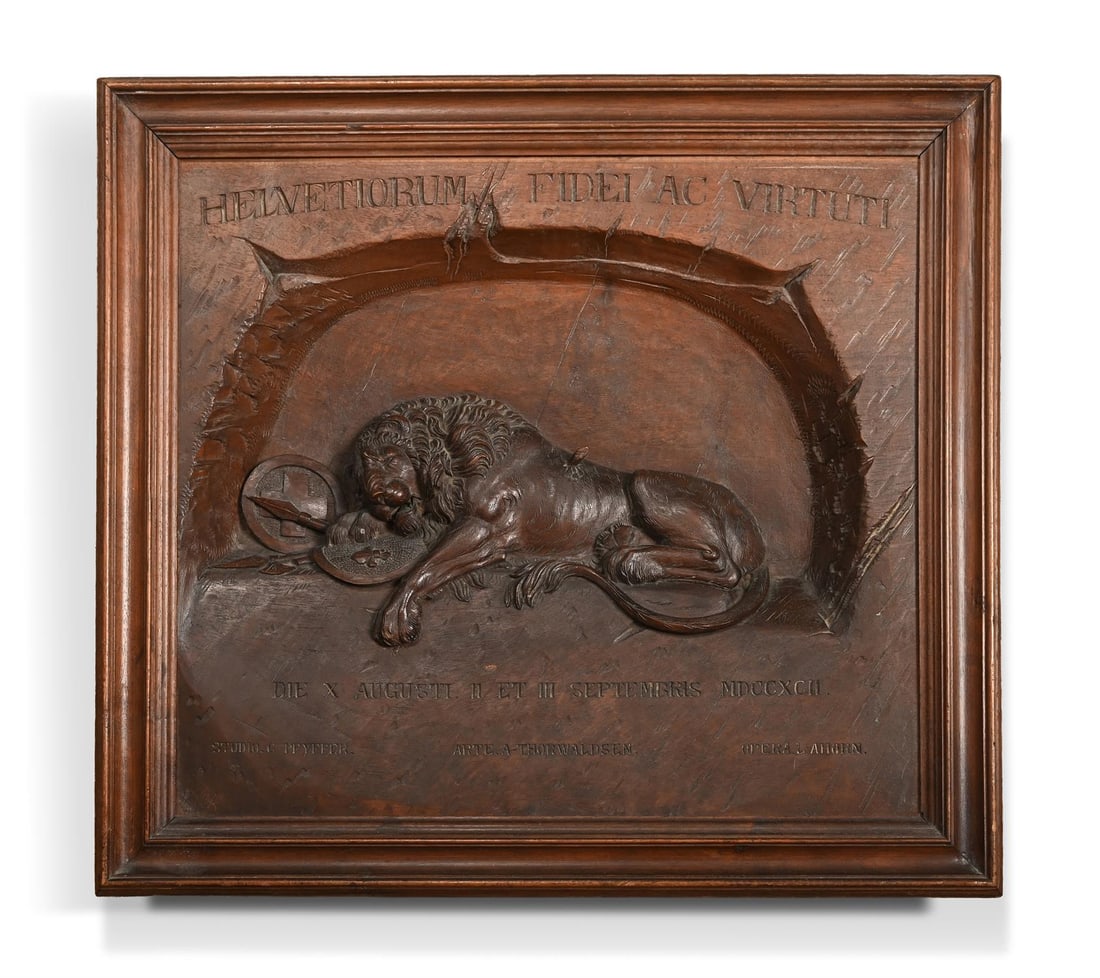 AFTER BERTEL THORVALDSEN, A CARVED WALNUT PLAQUE DEPICTING THE LION OF LUCERNE, 19TH CENTURY (1 of 3)