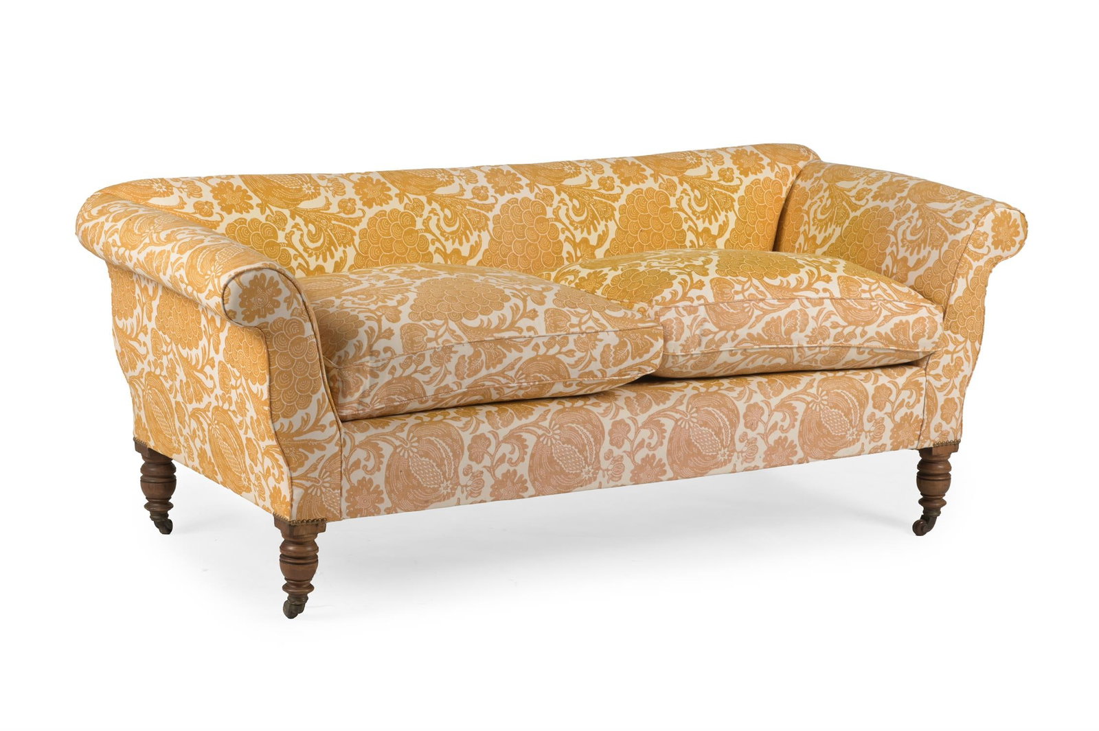 A VICTORIAN WALNUT AND UPHOLSTERED SOFA, IN THE MANNER OF HOWARD & SONS, LATE 19TH CENTURY (1 of 2)