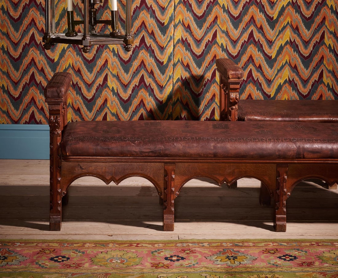 A FINE PAIR OF CARVED OAK GOTHIC REVIVAL HALL BENCHES, IN THE MANNER OF A.W.N. PUGIN, CIRCA 1850 (1 of 5)