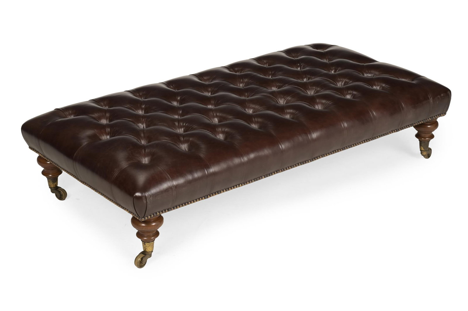 A LARGE VICTORIAN WALNUT AND BUTTONED LEATHER UPHOLSTERED STOOL OR HALL SEAT, CIRCA 1870 (1 of 4)