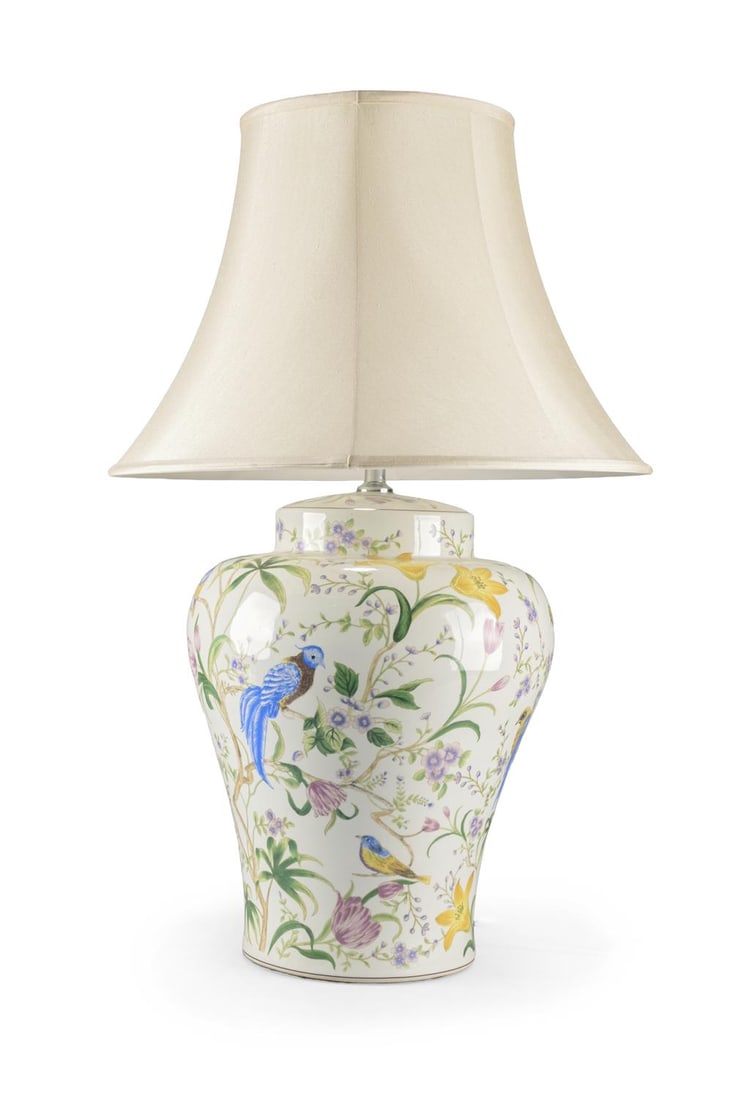 A LARGE POLYCHROME DECORATED PORCELAIN TABLE LAMP, 20TH CENTURY (1 of 3)