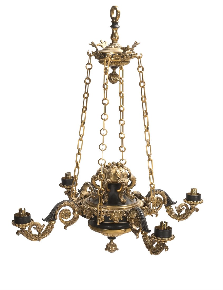 A WILLIAM IV GILT AND PATINATED FOUR LIGHT COLZA STYLE CHANDELIER, CIRCA 1835 (1 of 3)