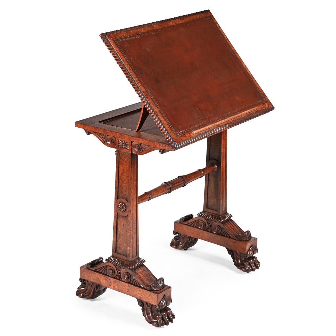 A GEORGE IV BURR OAK METAMORPHIC WRITING TABLE OR STAND, CIRCA 1830 (1 of 4)