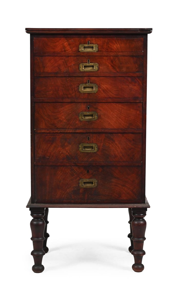 AN UNUSUAL WILLIAM IV MAHOGANY SECRETAIRE WELLINGTON CHEST ON STAND, CIRCA 1830 (1 of 2)