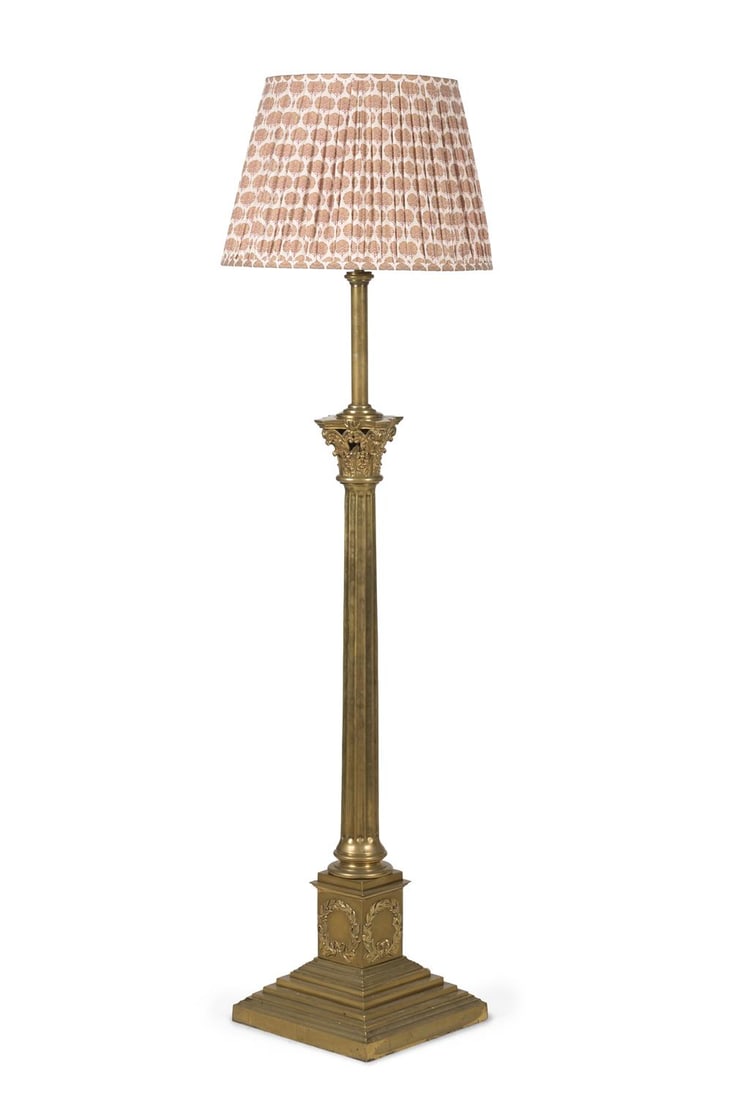 A LARGE EMPIRE TELESCOPIC BRASS STANDARD LAMP, 19TH CENTURY: A LARGE EMPIRE TELESCOPIC BRASS STANDARD LAMP 19TH CENTURY Later fitted for electricity the stem 135cm high when fully lowered, 213cm high extended (excluding shade)