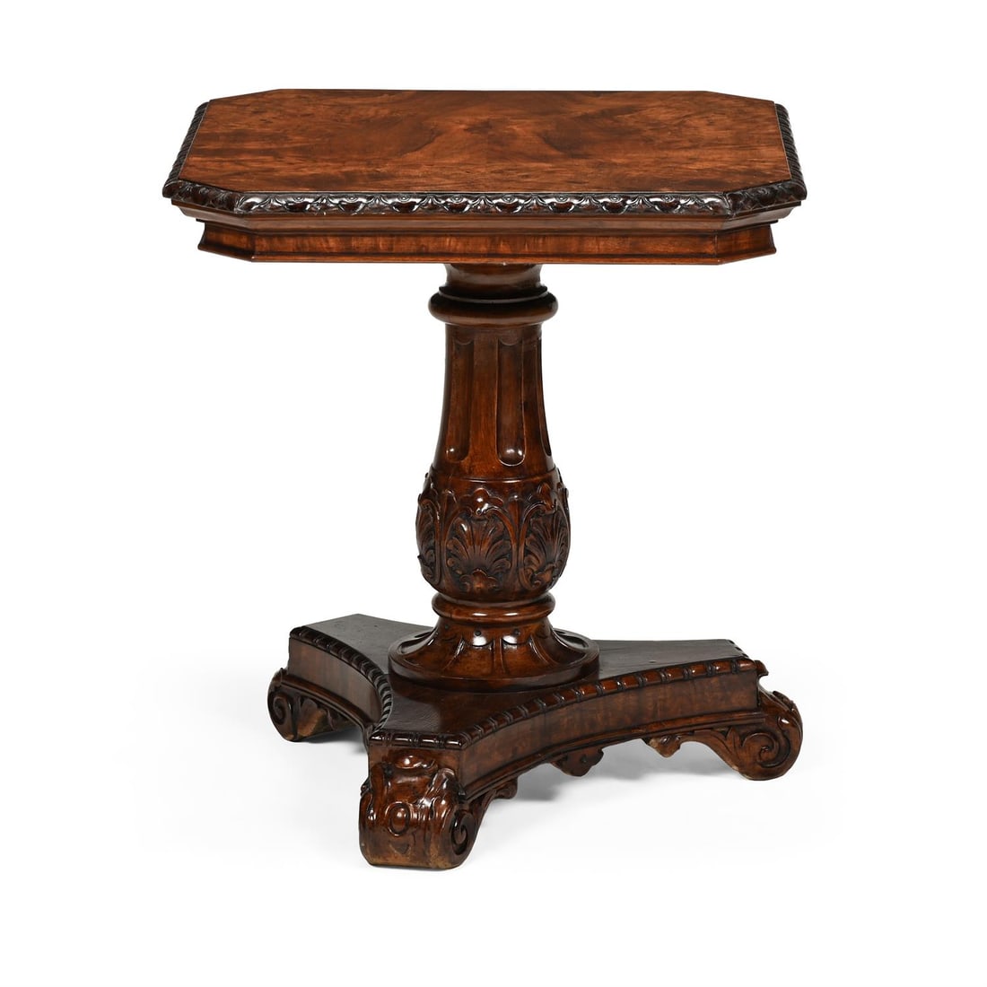 AN UNUSUAL VICTORIAN FIGURED WALNUT ROTATING GALLERY OR SCULPTURE TABLE, CIRCA 1840 (1 of 3)