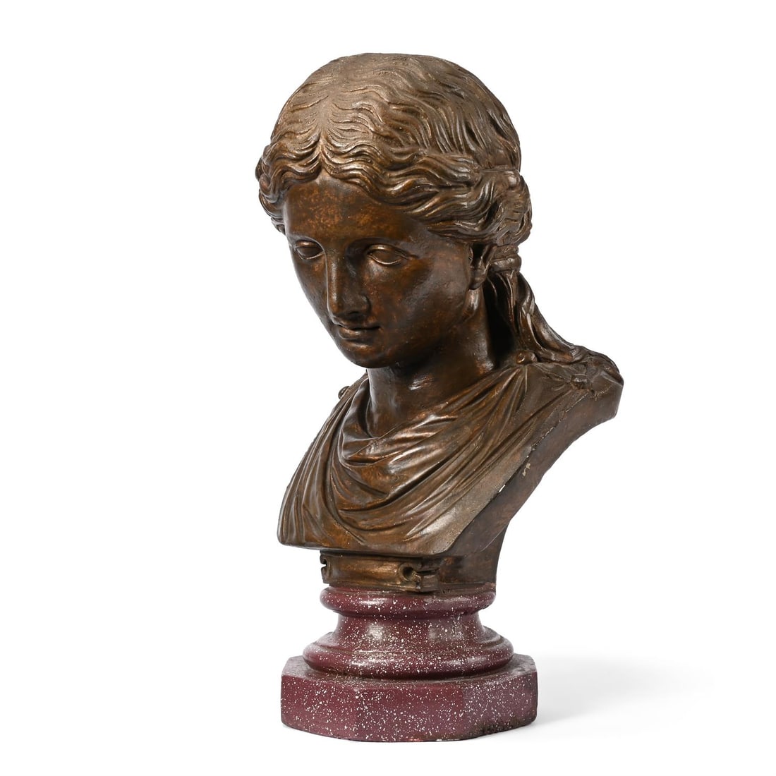 AFTER THE ANTIQUE, A BRONZED PLASTER BUST OF A CLASSICAL GODDESS, ITALIAN, CIRCA 1900 (1 of 4)