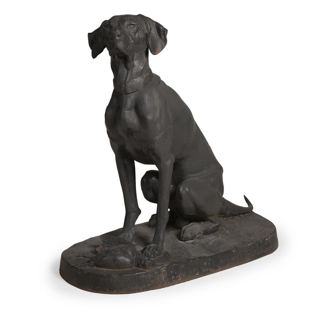 AFTER ALFRED JACQUEMART FOR BARBEZAT & CO., A LARGE CAST IRON FIGURE OF A SEATED DOG: AFTER ALFRED JACQUEMART FOR BARBEZAT & CO., A LARGE CAST IRON FIGURE OF A SEATED DOG MID 20TH CENTURY Depicted seated 92cm high, the base 86cm x 46cm The original cast was shown by Barbezat & Co. at t