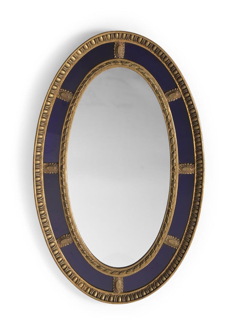 A GILTWOOD, GESSO AND BLUE GLASS MIRROR, IN GEORGE III STYLE, LATE 19TH OR EARLY 20TH CENTURY (1 of 3)