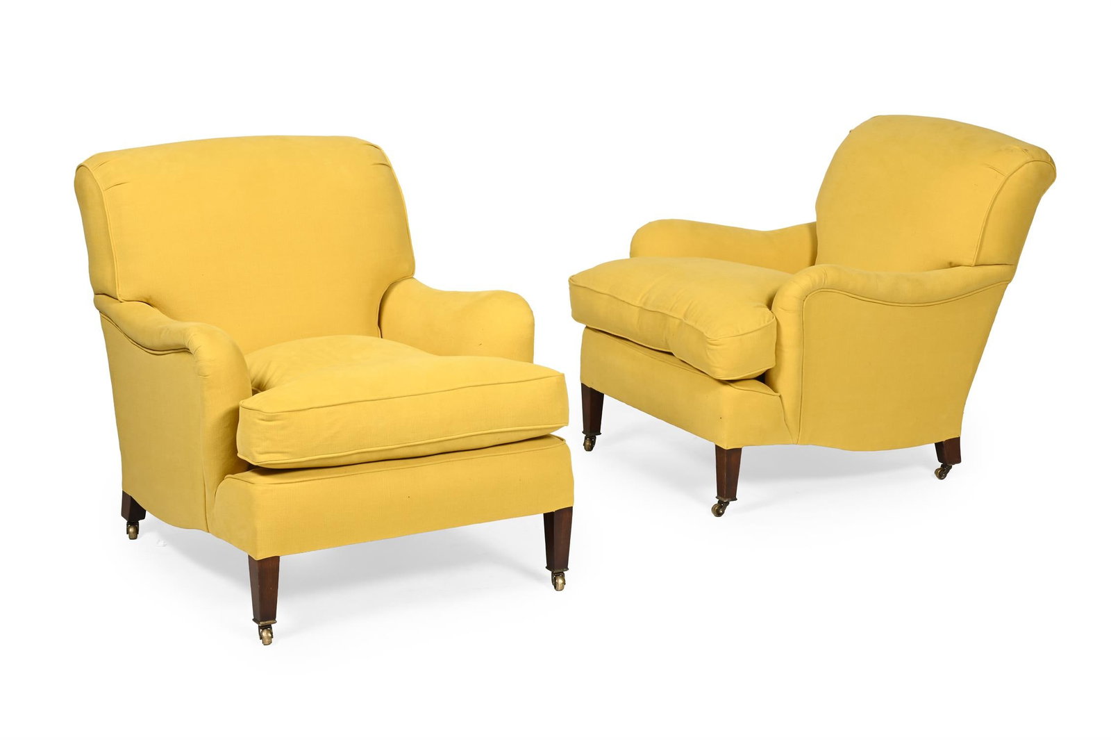 A CLOSELY MATCHED PAIR OF BEECH AND YELLOW UPHOLSTERED ARMCHAIRS, CONTEMPORARY (1 of 4)