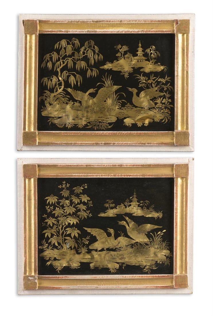 A PAIR OF CHINESE EXPORT BLACK LACQUER AND CHINOISERIE DECORATED PANELS, 20TH CENTURY (1 of 2)