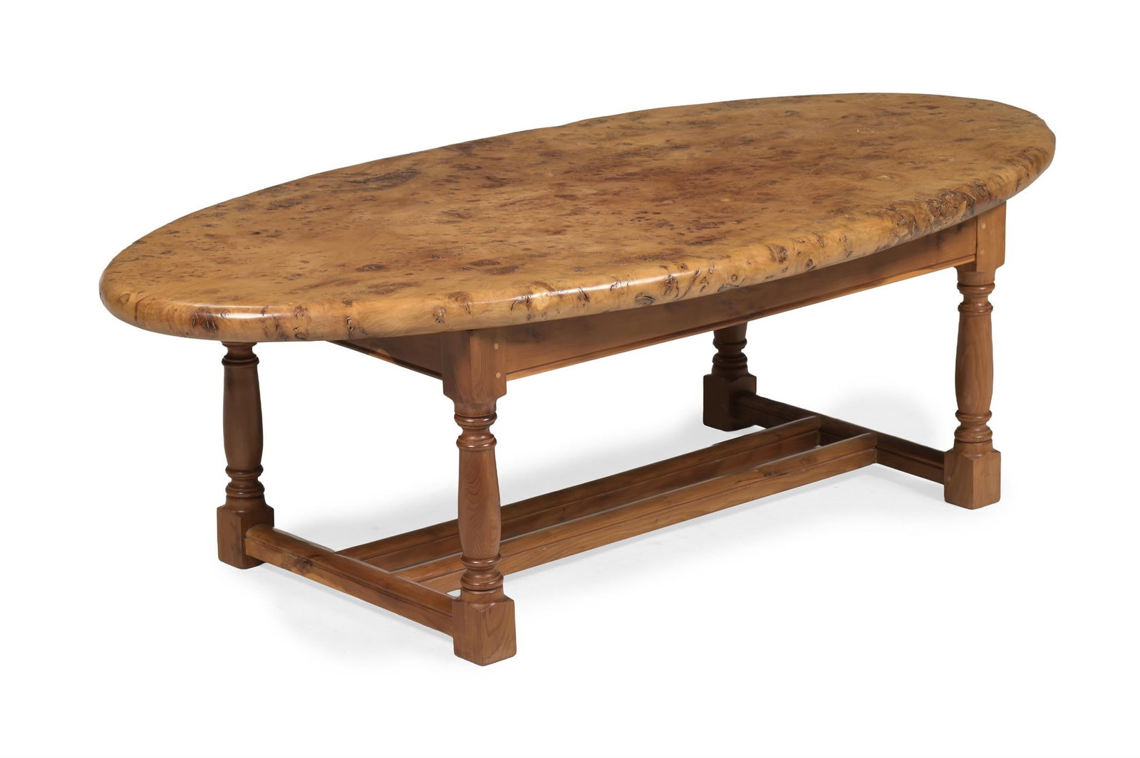 A SOLID BURR ELM LOW TABLE ON A TURNED YEW WOOD BASE, CONTEMPORARY (1 of 3)