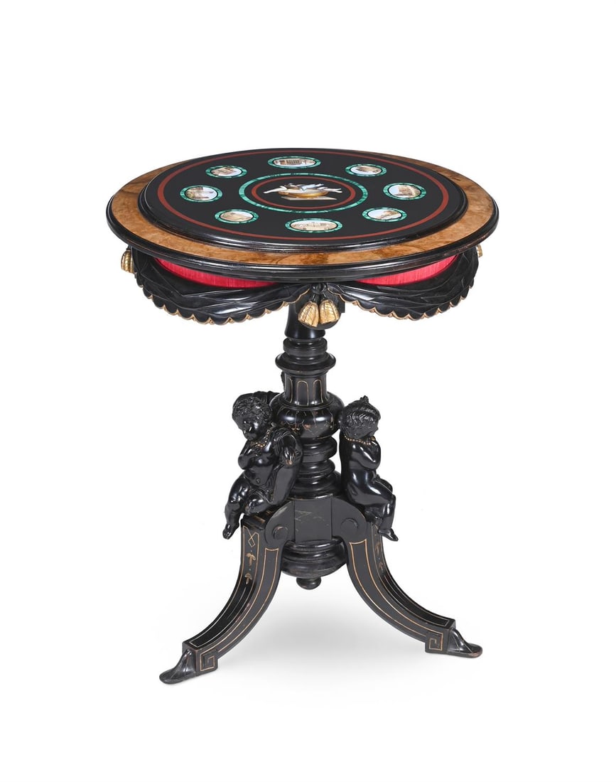 AN ITALIAN MICRO MOSAIC, WALNUT, PARCEL GILT AND EBONISED OCCASSIONAL TABLE, LATE 19TH CENTURY (1 of 4)