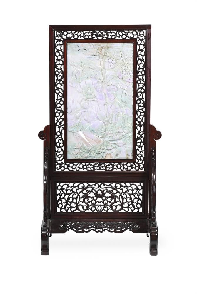 A CHINESE HARDWOOD AND JADEITE INLAID TABLE SCREEN, PROBABLY LAST HALF 20TH CENTURY - 2