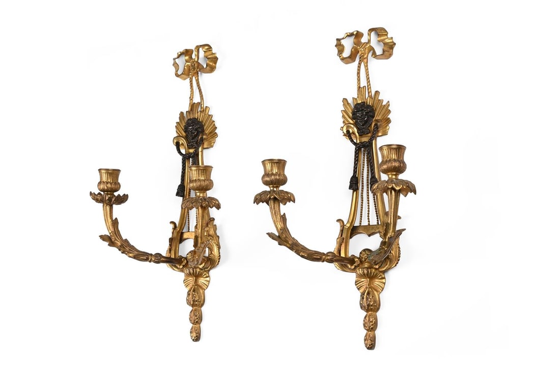 A PAIR OF GILT METAL TWO BRANCH WALL LIGHTS, IN LOUIS XVI MANNER, 20TH CENTURY - 2