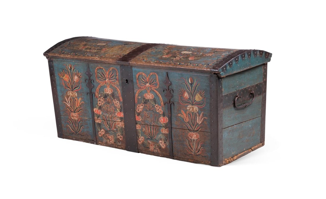 AN OAK AND IRON BOUND FOLK PAINTED CHEST, EARLY 19TH CENTURY, DATED 1817 - 2