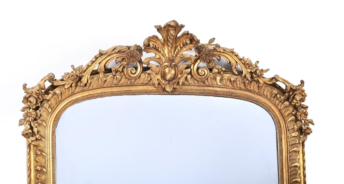 A VICTORIAN CARVED WOOD AND GILT GESSO OVERMANTEL OR WALL MIRROR, CIRCA 1840 - 2