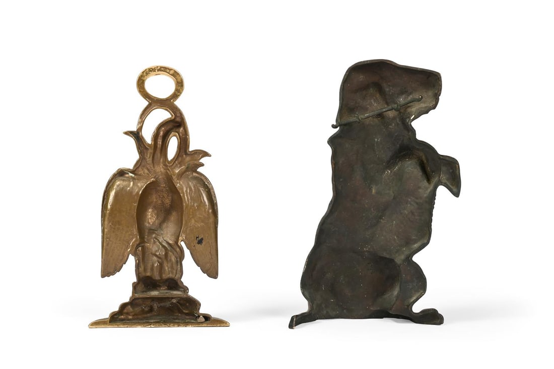 A BRASS DOOR STOP OR DOOR PORTER, LATE 19TH OR EARLY 20TH CENTURY, TOGETHER WITH A CAST IRON DOG - 2