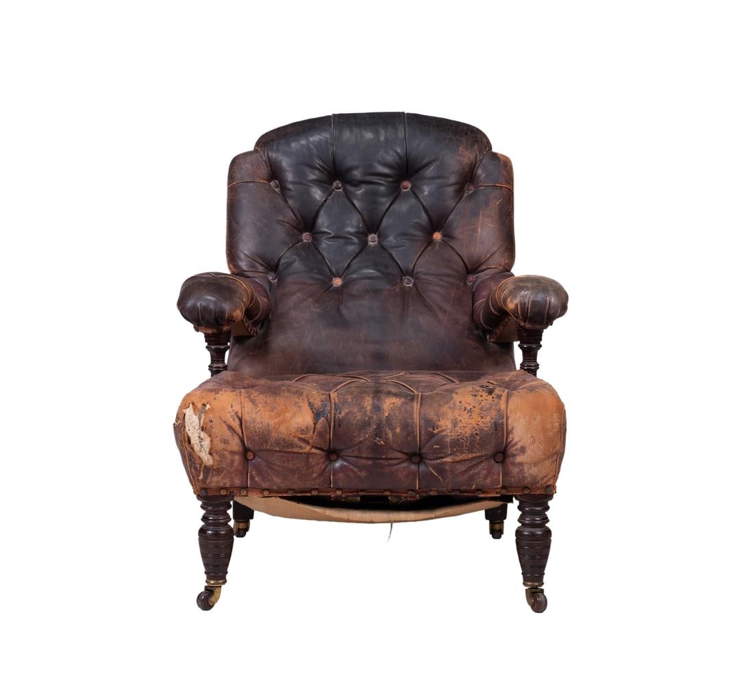 A VICTORIAN LEATHER BUTTON UPHOLSTERED MAHOGANY ARMCHAIR, CIRCA 1880 - 2