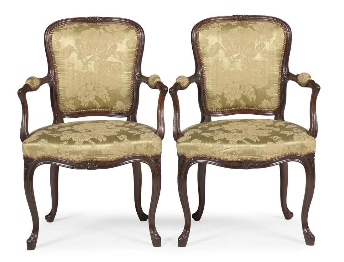 A PAIR OF LOUIS XV GREEN SILK DAMASK UPHOLSTERED FAUTEUILS OR ARMCHAIRS, CIRCA 1770 - 2