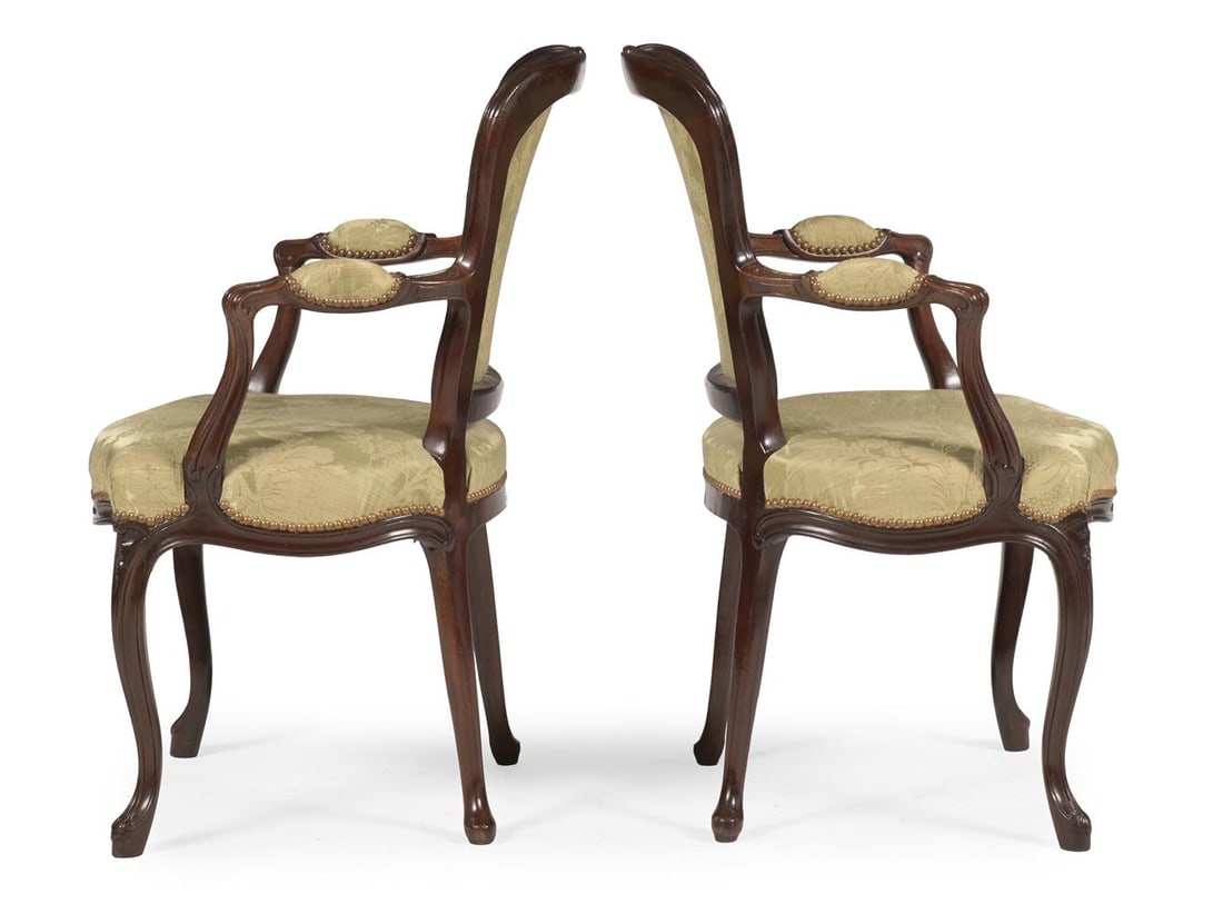 A PAIR OF LOUIS XV GREEN SILK DAMASK UPHOLSTERED FAUTEUILS OR ARMCHAIRS, CIRCA 1770 - 3