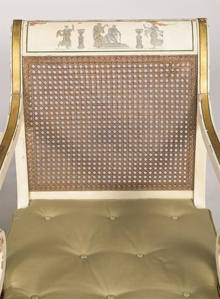 A PAIR OF PAINTED AND PARCEL GILT OPEN ARMCHAIRS, IN THE REGENCY STYLE, CIRCA 1900 - 4
