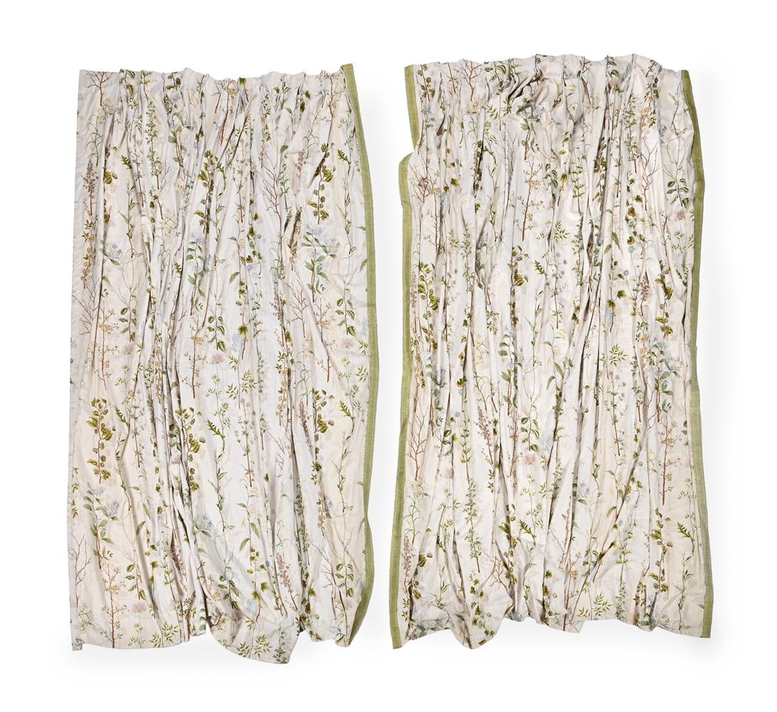 A PAIR OF FLORAL PATTERNED CURTAINS, IN THE MANNER OF SANDERSON: A PAIR OF FLORAL PATTERNED CURTAINS IN THE MANNER OF SANDERSON With tapestry style embroidered border drop 212cm, each approximately 85cm wide at curtain header