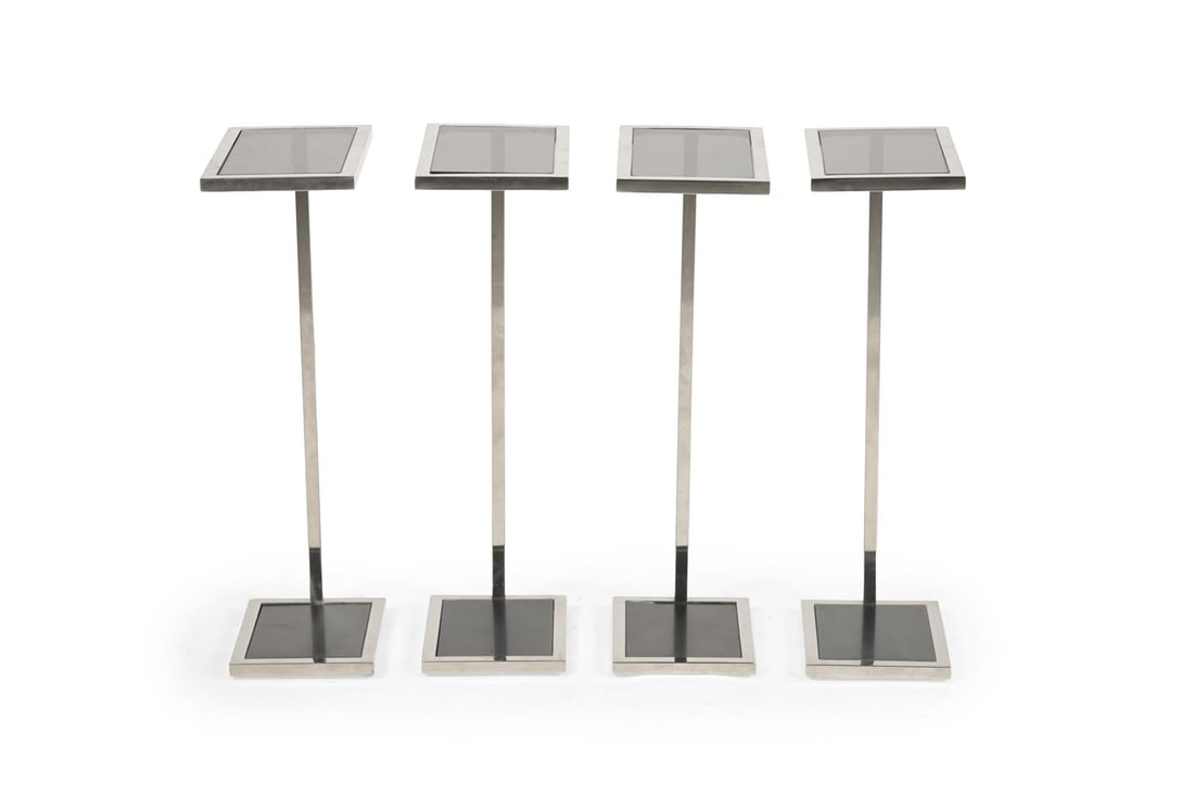 ALEXANDER JAMES, TWO PAIRS OF PEDESTAL SIDE TABLES, STAINLESS STEEL AND SMOKED GLASS, MODERN - 2
