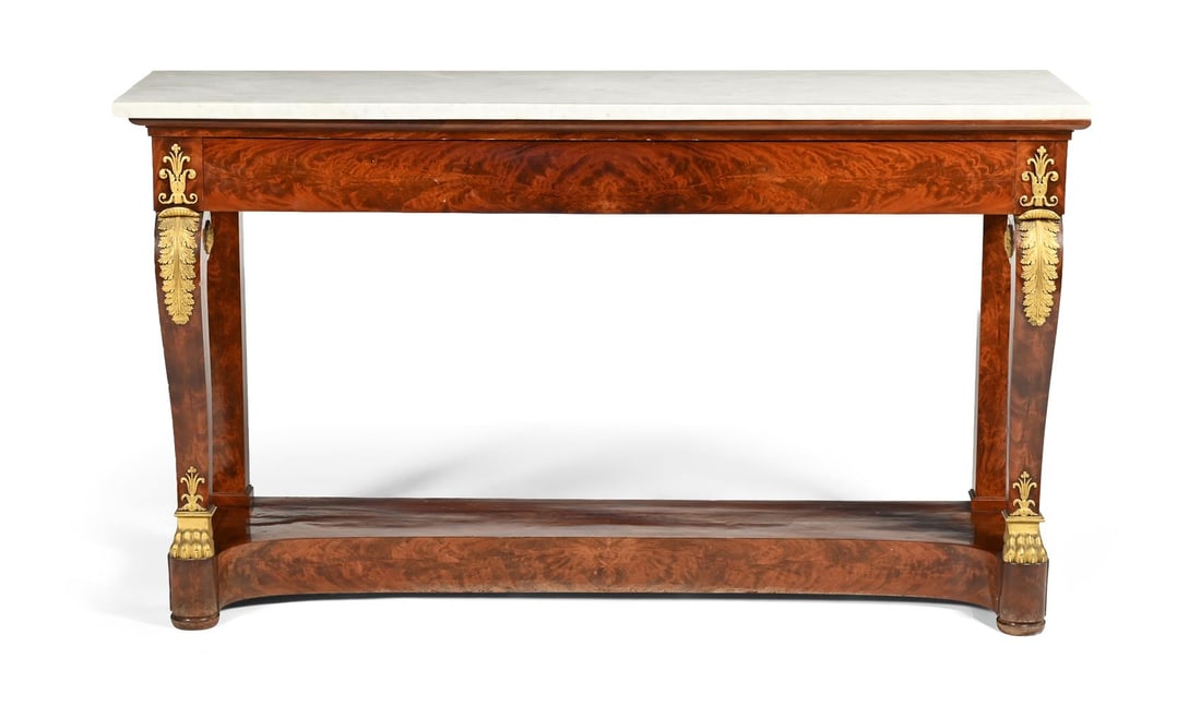 A LOUIS PHILIPPE MARBLE TOPPED MAHOGANY CONSOLE OR SIDE TABLE, FRENCH, CIRCA 1830 - 2