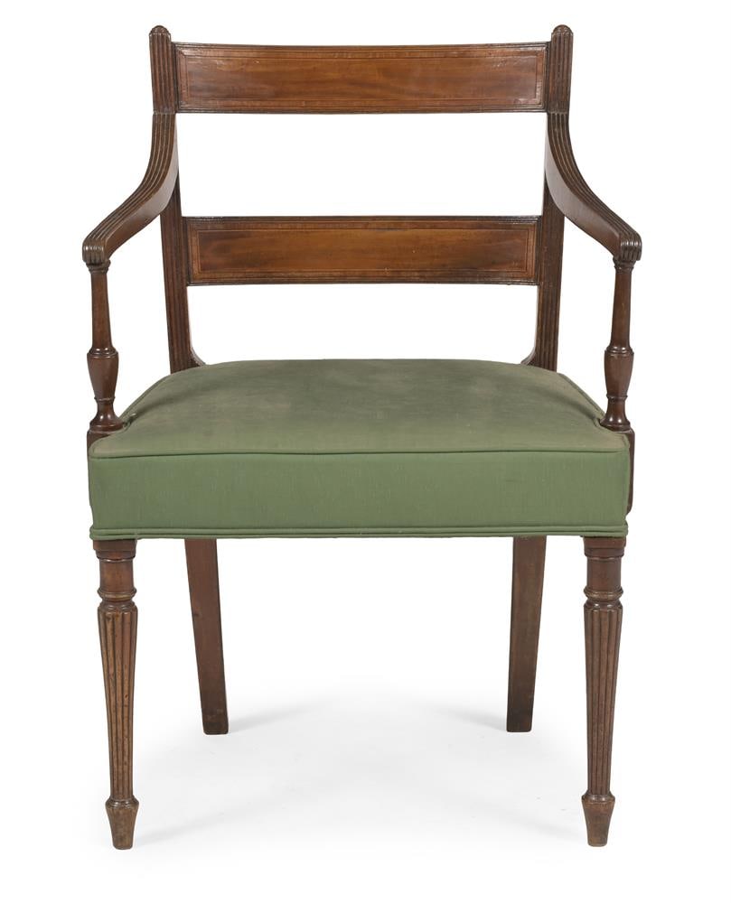 Y A GEORGE III MAHOGANY AND SATINWOOD BANDED ARMCHAIR, CIRCA 1800 - 2