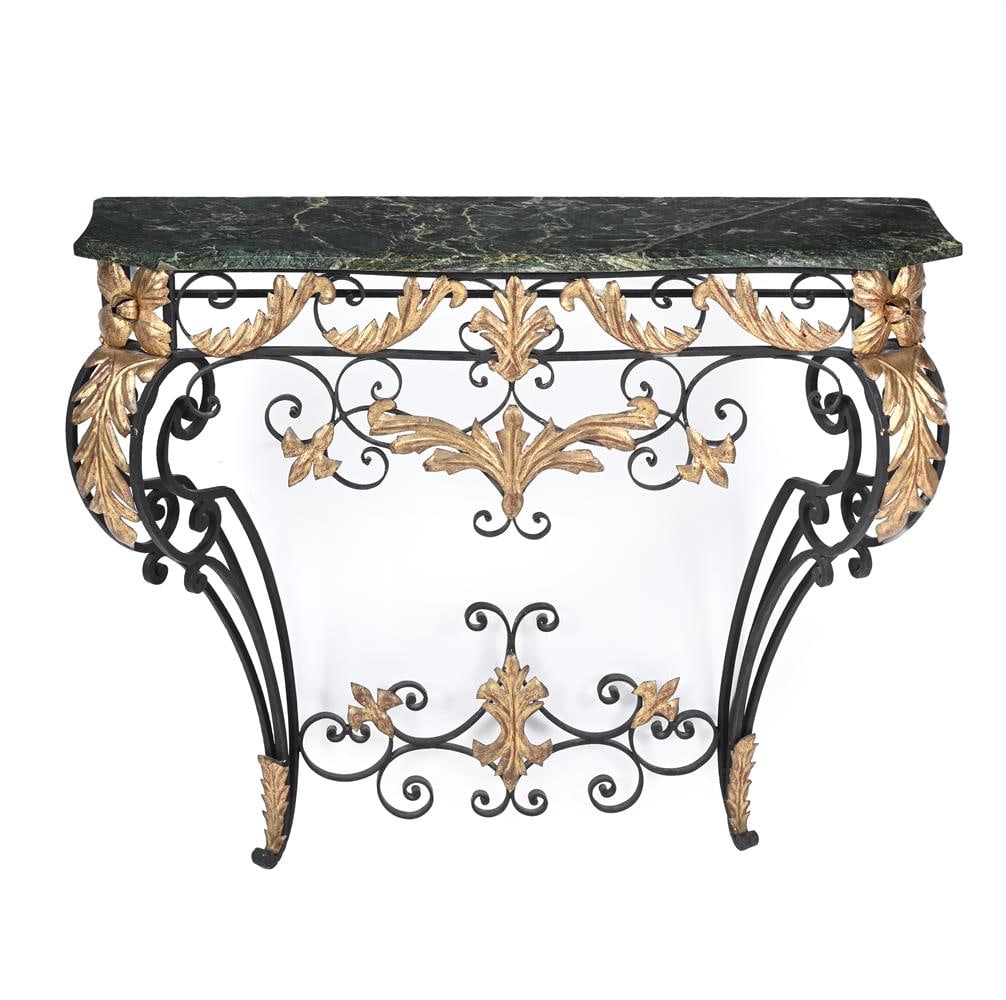 A PAIR OF MARBLE TOPPED, PATINATED AND GILT METAL CONSOLE TABLES, SECOND HALF 20TH CENTURY - 2