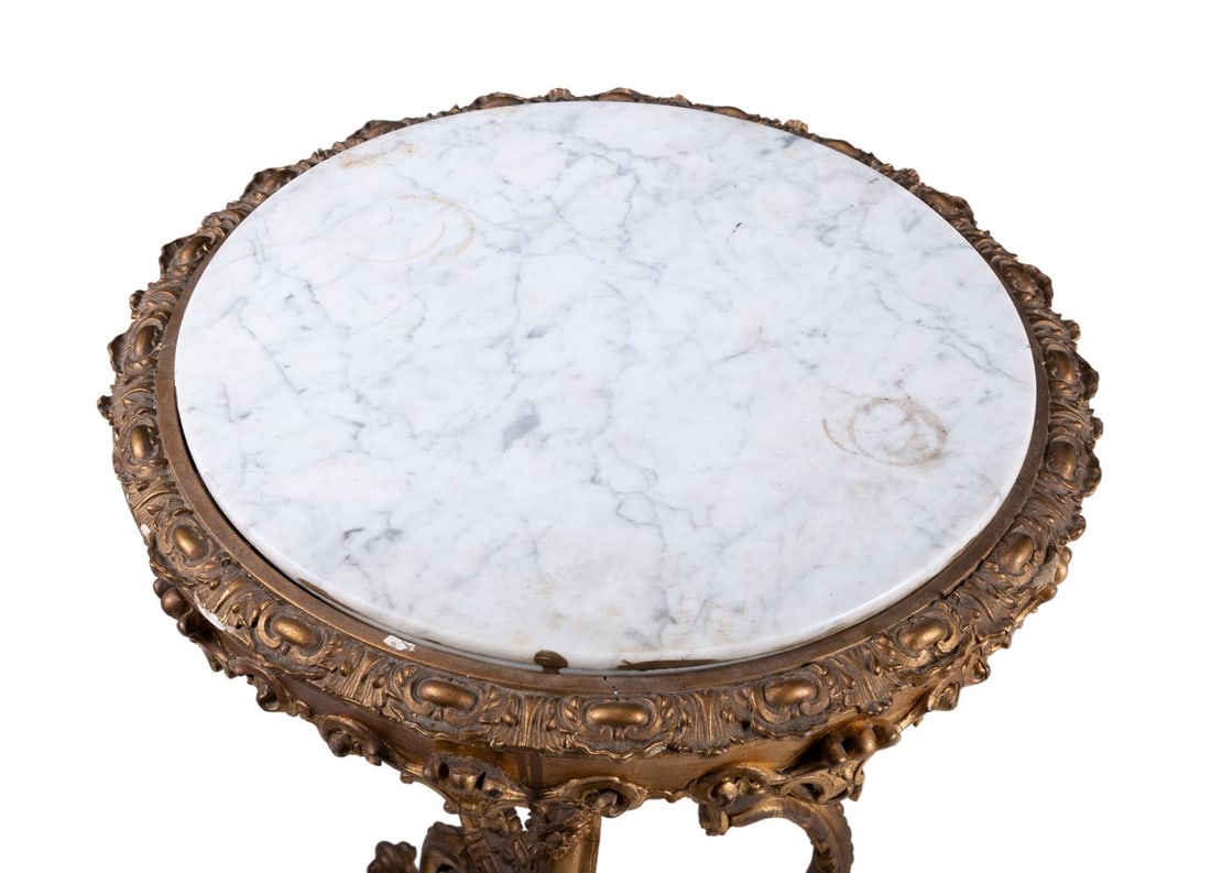 A PAIR OF CARVED WOOD, GILT GESSO AND MARBLE TOPPED STANDS, FRENCH, CIRCA 1870 - 2