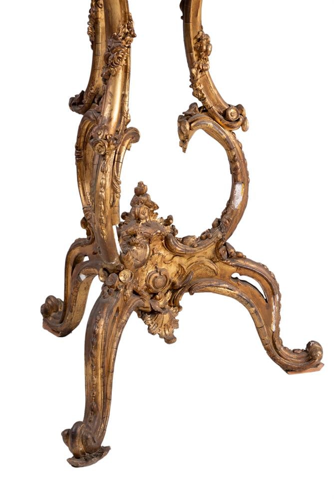 A PAIR OF CARVED WOOD, GILT GESSO AND MARBLE TOPPED STANDS, FRENCH, CIRCA 1870 - 4
