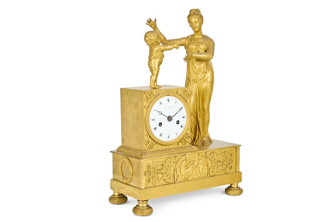 A FRENCH EMPIRE GILT BRONZE FIGURAL MANTEL CLOCK, LOUIS MALLET PARIS, EARLY 19TH CENTURY: A FRENCH EMPIRE GILT BRONZE FIGURAL MANTEL CLOCK