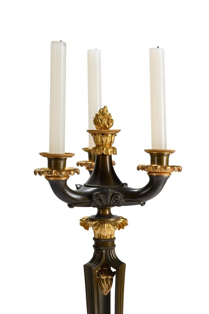 A PAIR OF GILT AND PATINATED BRONZE THREE LIGHT CANDELABRA, IN LOUIS PHILIPPE STYLE, 20TH CENTURY - 2