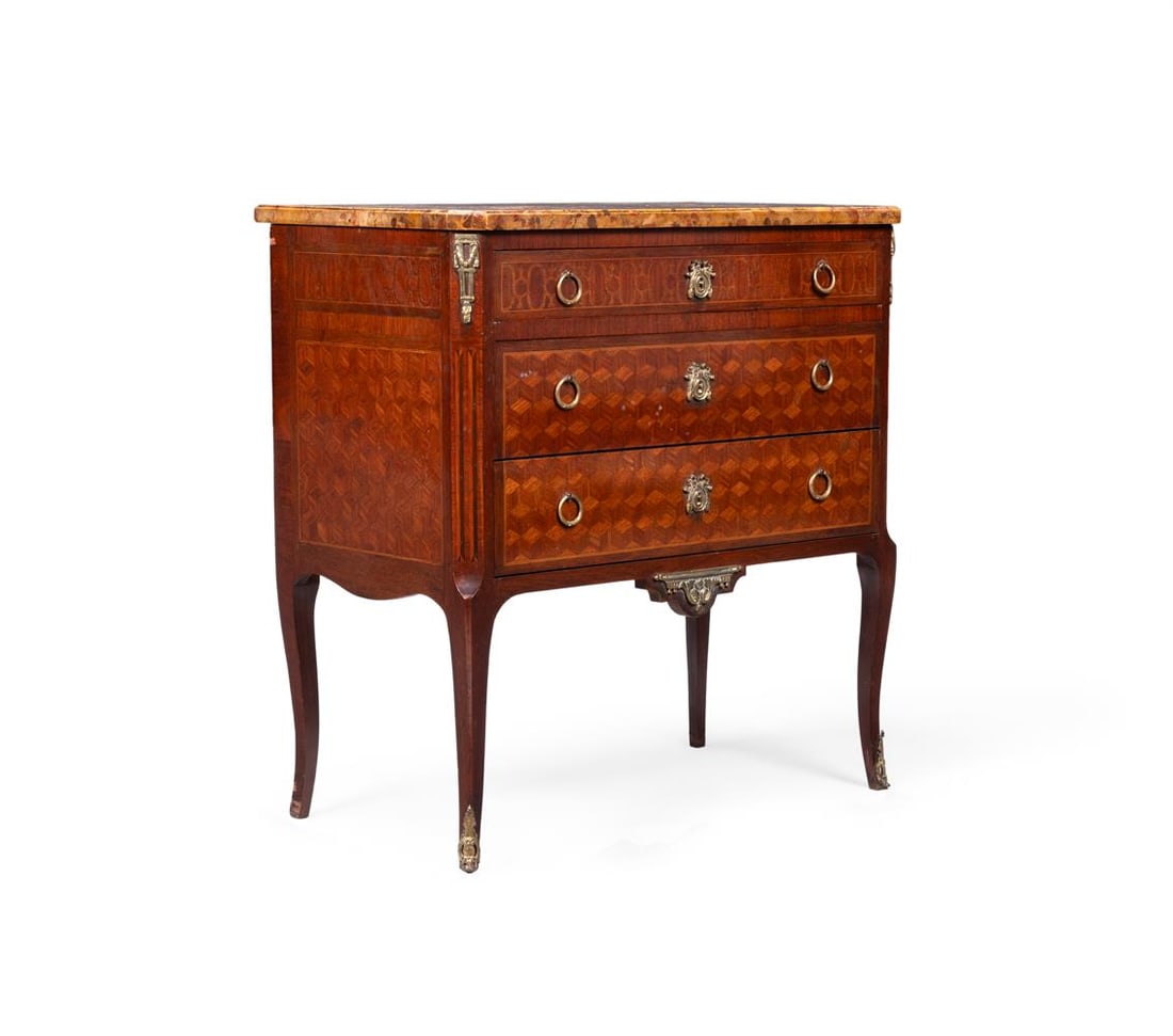 A MARBLE TOPPED MAHOGANY AND PARQUETRY COMMODE, FRENCH, CIRCA 1900 - 2