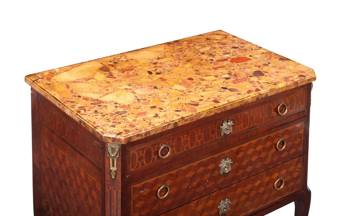 A MARBLE TOPPED MAHOGANY AND PARQUETRY COMMODE, FRENCH, CIRCA 1900 - 3