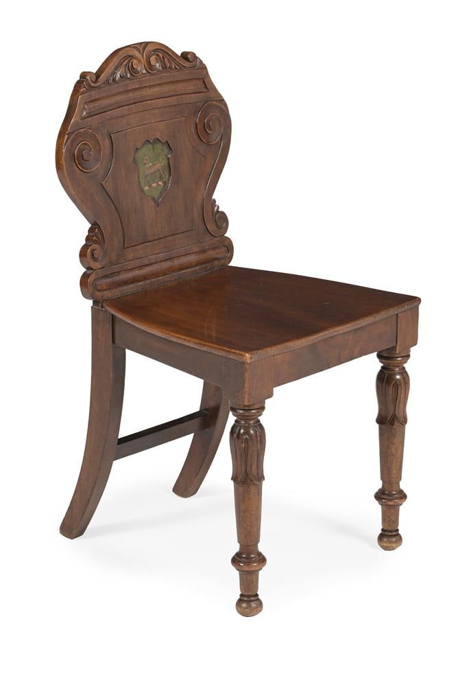 FOUR WILLIAM IV MAHOGANY ARMORIAL HALL CHAIRS, CIRCA 1830 - 2