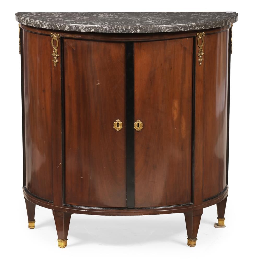A SECOND EMPIRE MAHOGANY DEMI LUNE MARBLE TOPPED COMMODE, CIRCA 1870 - 2