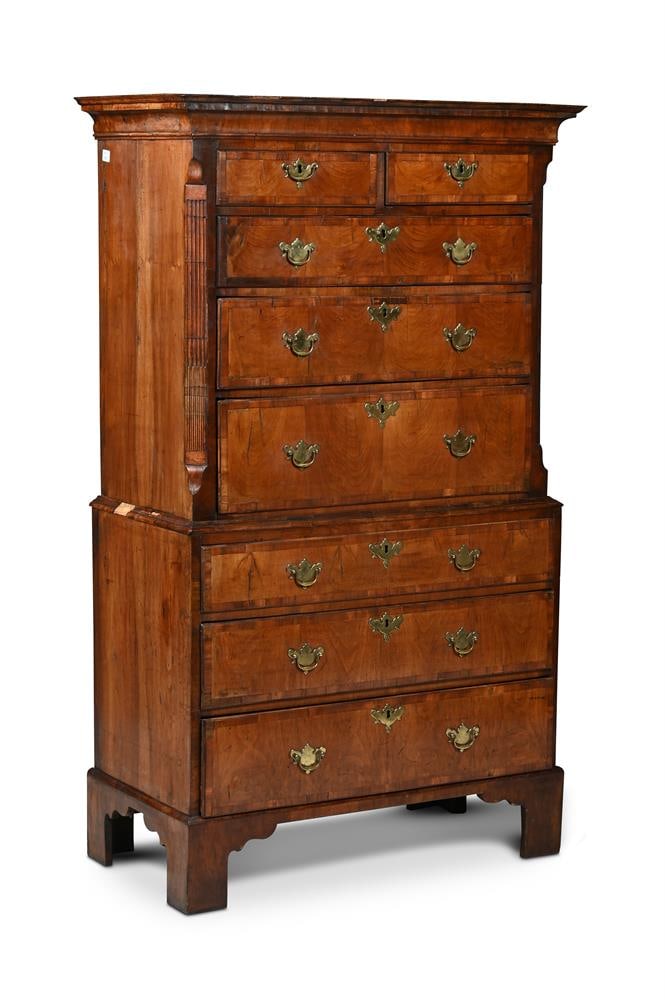 A GEORGE II WALNUT AND CROSSBANDED CHEST ON CHEST, CIRCA 1740 - 2