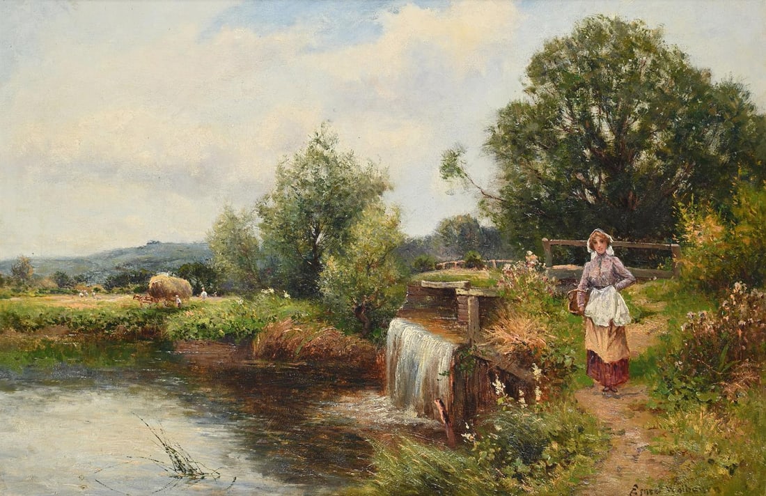 ERNEST WALBOURN (BRITISH 1872-1927), COLLECTING FLOWERS ALONG THE RIVERBANK - 2