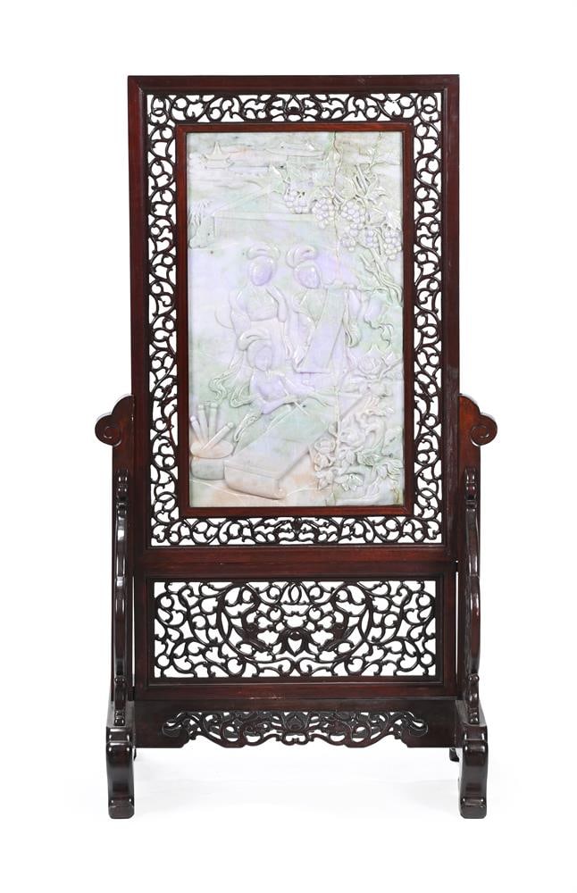A CHINESE HARDWOOD AND JADEITE INLAID TABLE SCREEN, PROBABLY LAST HALF 20TH CENTURY - 2