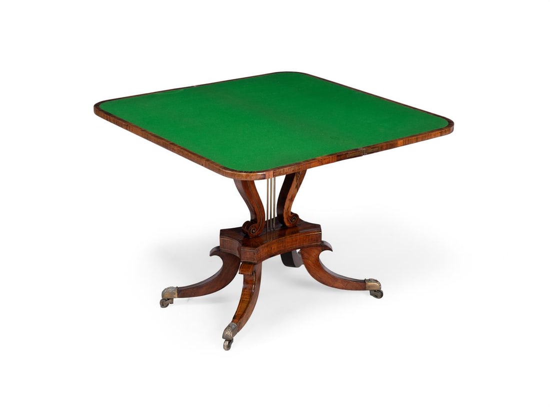 Y A REGENCY BRASS INLAID FIGURED ROSEWOOD FOLD OVER CARD TABLE, CIRCA 1815 - 2
